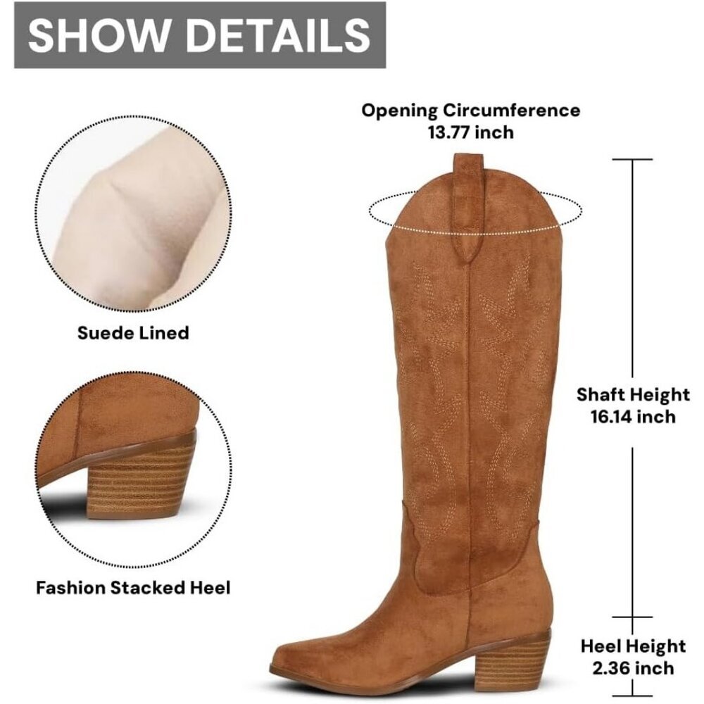 Women Embroidered Pull-On Chunky Stacked Heel Knee High Western Boots Yellow - Picture 5 of 5